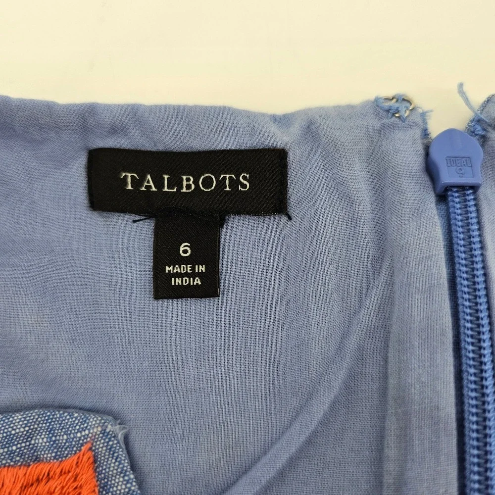Talbots Shift Dress 6 Blue Linen Cotton Floral Embroidered V-Neck Sleeveless